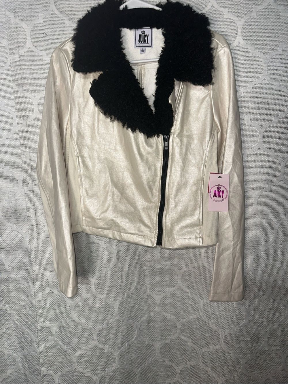 Juicy Couture Faux Leather Moto Jacket Black Fur Collar Cream Off White NWT L